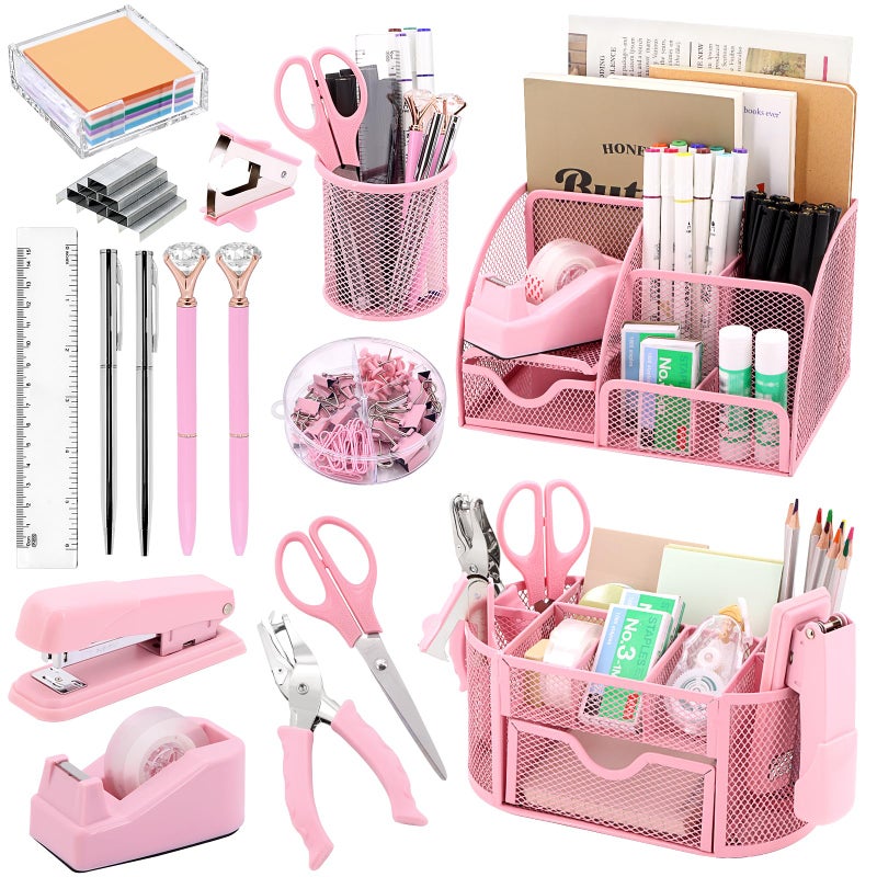 Froidesente 17 in 1 Pink Desk Organizers and Accessories Set  3 Office Desk Supplies Storage Organization  4 Pens  Stapler  Staples & Remover  Tape & Dispenser  Scissors  Ruler  Clips  Hole Punch  Sticky Holder - Image 1